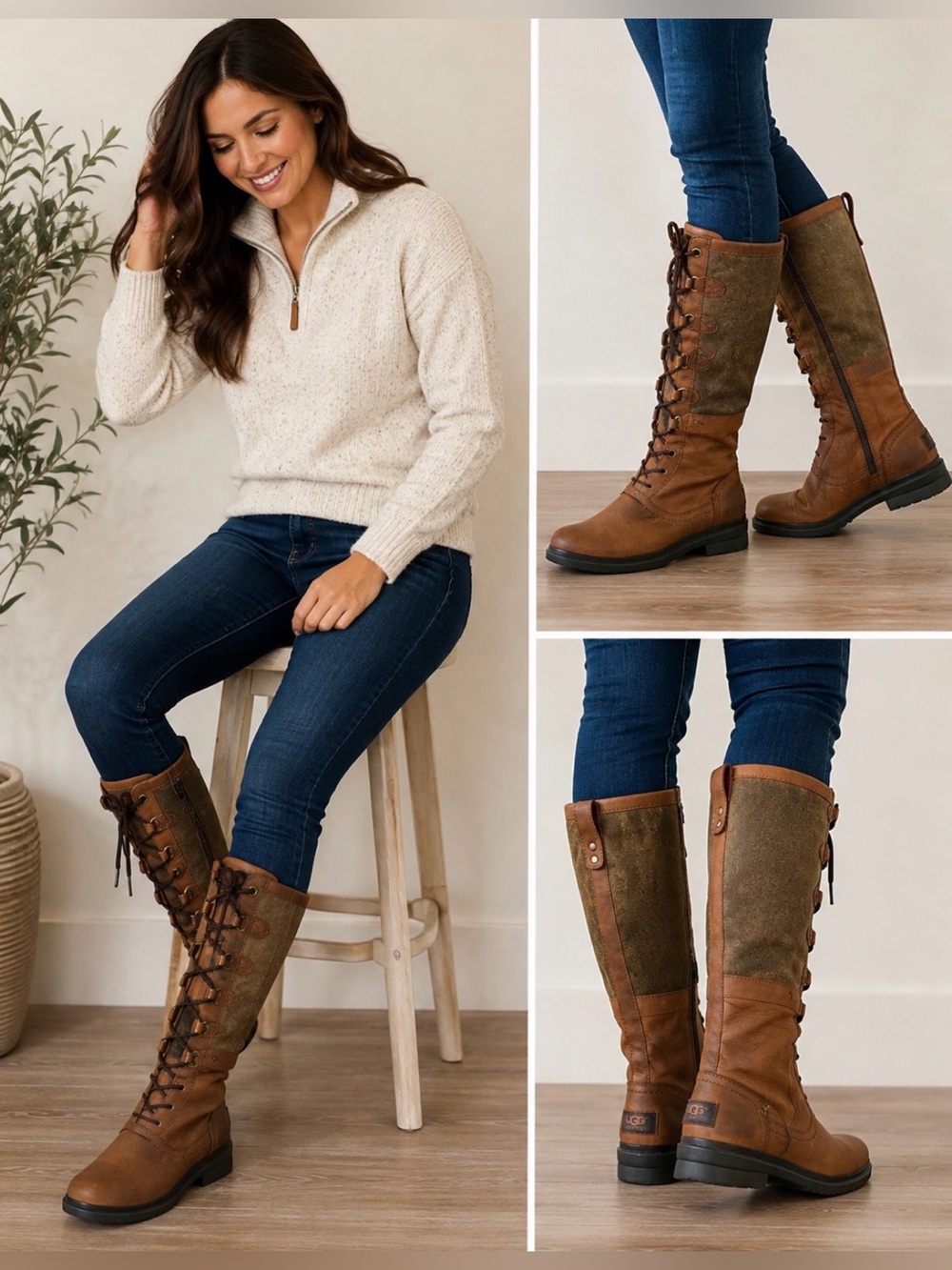 UGG Elsa 1008438 Waterproof Tall Boots Brown Olive Shearling Lined Womens  Sz 9